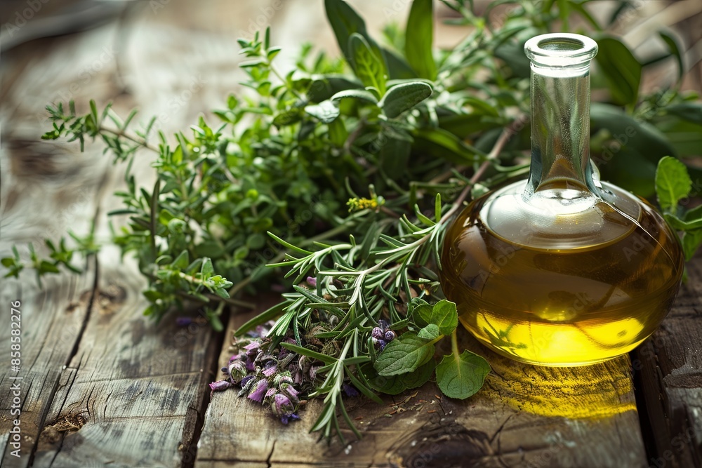 Φωτογραφία A close-up shot of fresh Mediterranean herbs like rosemary, thyme, and oregano arranged on a rustic wooden surface with a bottle of olive oil
