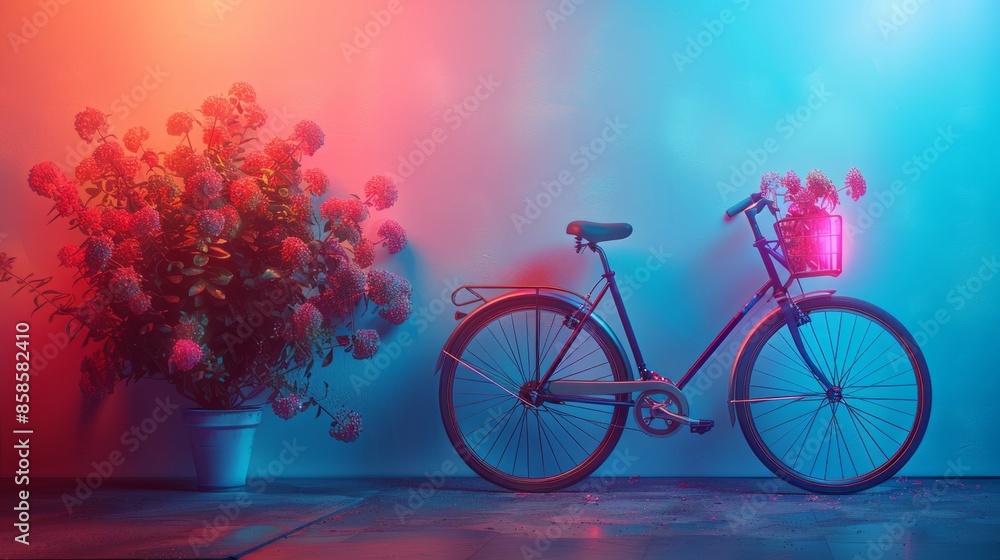 Fototapeta premium Bicycle Next to Flower Pot in Pastel Neon Light Artistic Scene