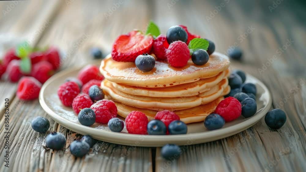 Zooming in on a Stack of Pancakes with Berries on a Wooden Table Zooming in on a Stack of Pancakes with Berries on a Wooden Table