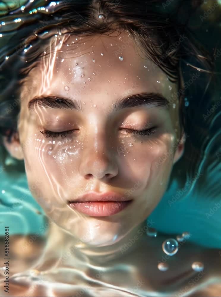 Mujer debajo del agua con ojos claros y burbujas de aire subiendo. Mujer debajo del agua con ojos claros y burbujas de aire subiendo.