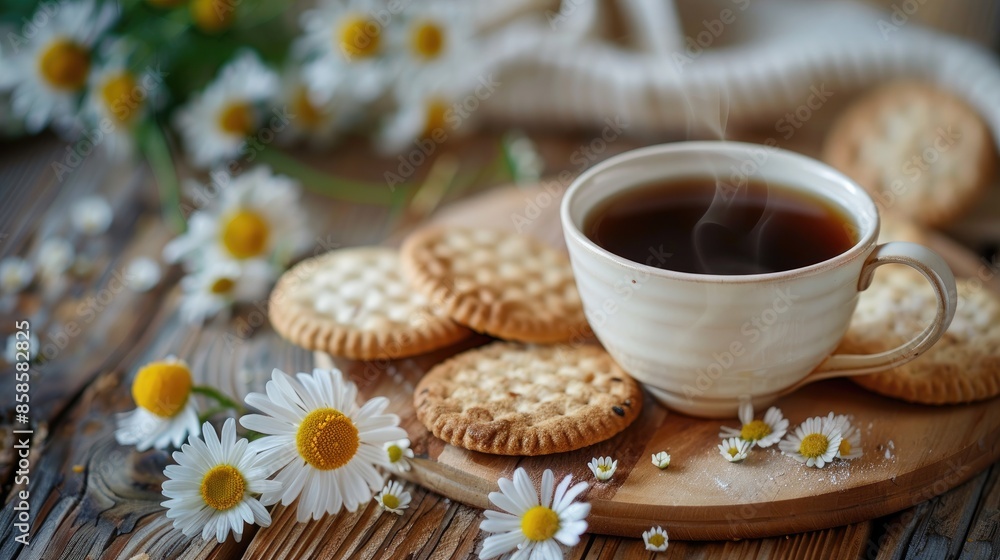 Items on wooden table Coffee Cup cracker cookie biscuit chamomile flowers Items on wooden table Coffee Cup cracker cookie biscuit chamomile flowers