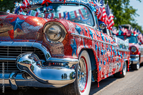 Vintage car in patriotic USA parade, 4th of July, Memorial Day