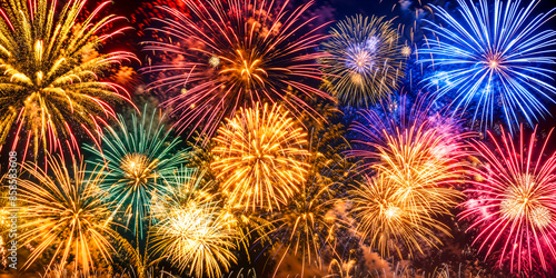 Colorful fireworks at night, pyrotechnics display, holiday show, 4th of July, New Year's Eve