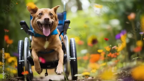 A happy brown dog in a wheelchair enjoys a daytime walk through a vibrant, flower-filled garden. This joyful image captures the dog's spirit and resilience amidst colorful blooms and lush greenery.