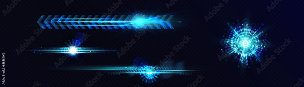 Obraz premium Bright set of abstract blue light effects PNG. Bright futuristic flashes of blue glow with glare arrows and explosions of glow. Vector graphics for web design