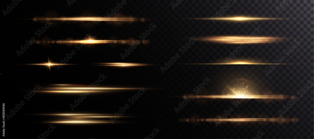 Set of shining bright golden horizontal light effects PNG isolated on dark background, glare, lines, golden light particles. Set of vector lines for web design