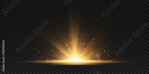The effect of a bright golden flash of light on a transparent background with rays and glare. Light yellow light blur effect. Vector illustration 10 EPS for web design.