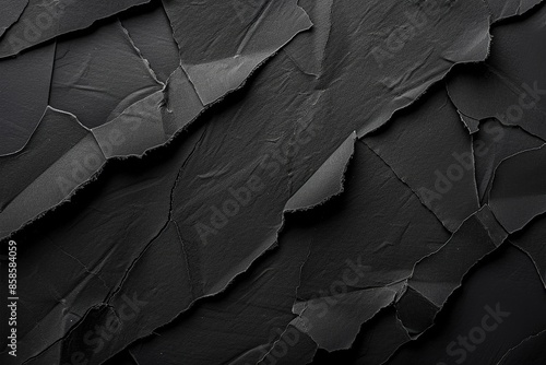 Pieces of torn black paper on black background, Ai Generated