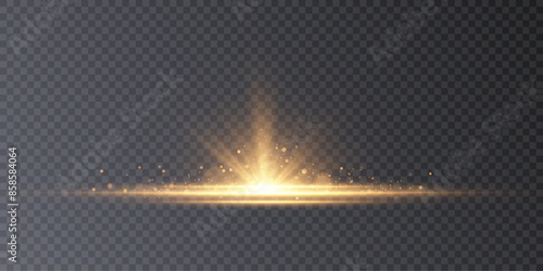 The effect of a bright golden flash of light on a transparent background with rays and glare. Light yellow light blur effect. Vector illustration 10 EPS for web design.