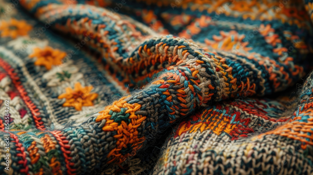 Close-Up of Colorful Knitted Fabric with Intricate Patterns and Textures Close-Up of Colorful Knitted Fabric with Intricate Patterns and Textures