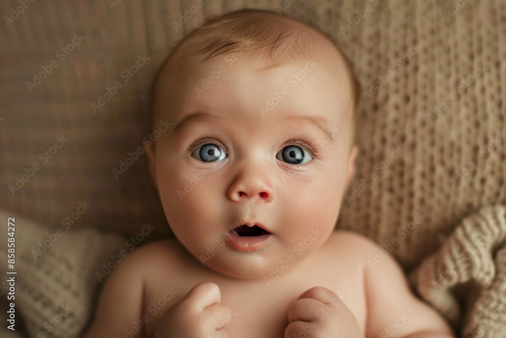 newborn little cute baby on bed looking curious newborn little cute baby on bed looking curious