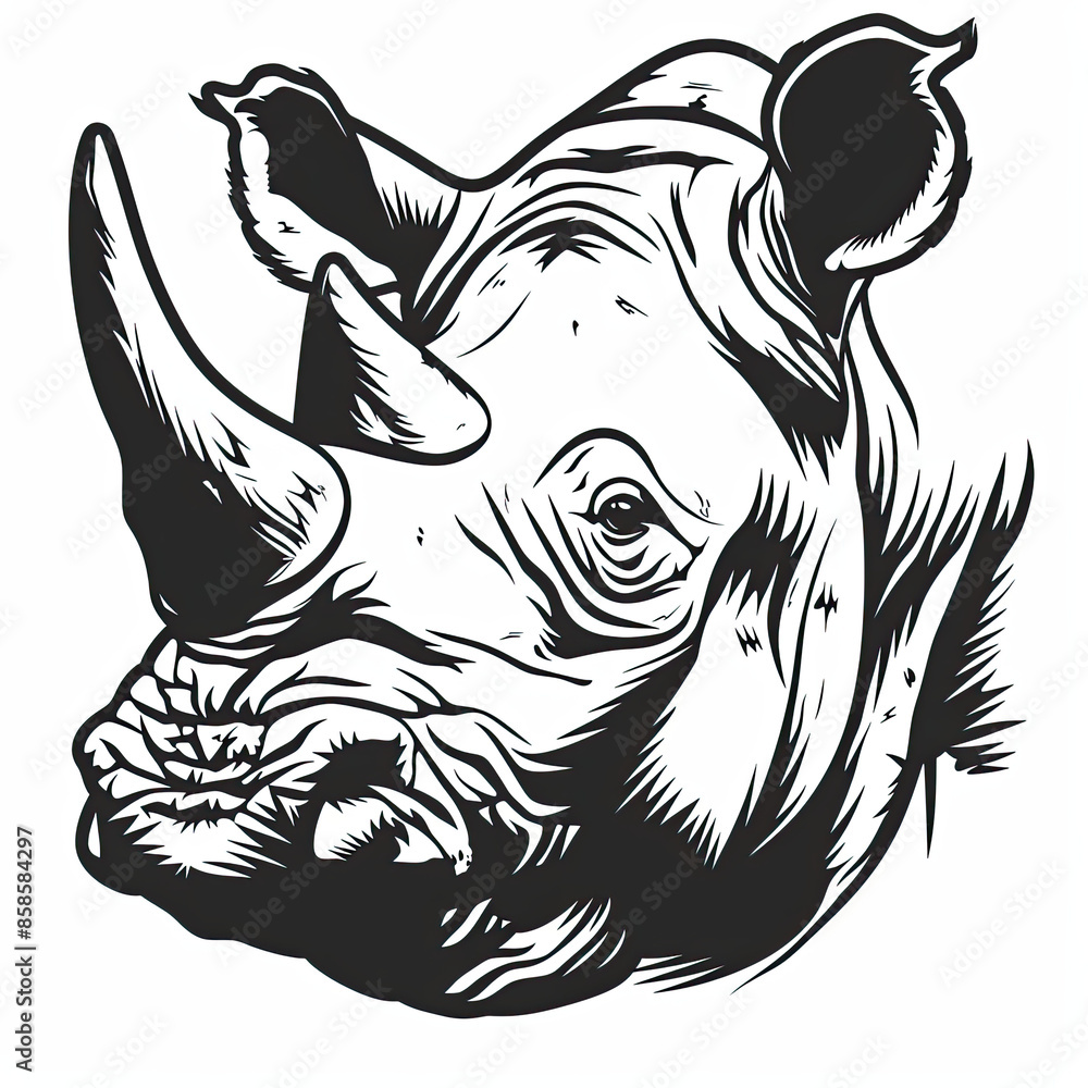 A black and white drawing of a rhino 's head A black and white drawing of a rhino 's head