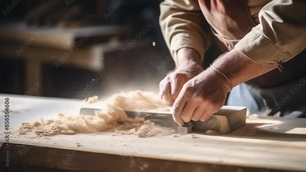 An experienced male carpenter works diligently smoothing a wooden plank in a sunlit workshop. He wears a long-sleeved shirt and an apron. Sawdust fills the air, adding to the rustic atmosphere. An experienced male carpenter works diligently smoothing a wooden plank in a sunlit workshop. He wears a long-sleeved shirt and an apron. Sawdust fills the air, adding to the rustic atmosphere.