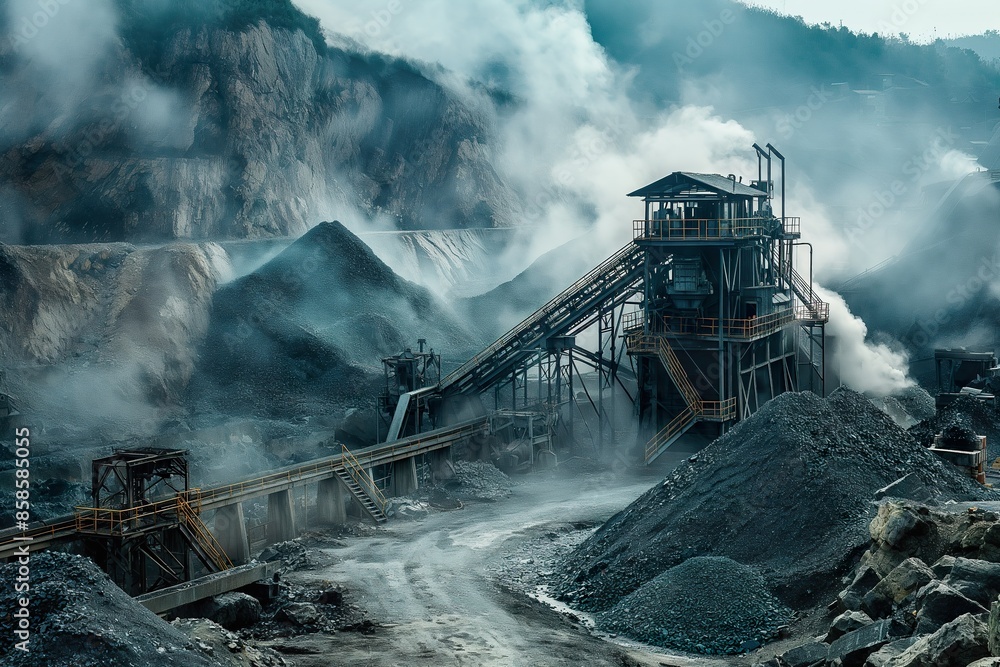 Fototapeta premium Smoke billows from an active coal mine, shrouding the landscape in darkness.