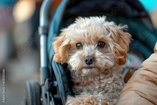 A small, fluffy white dog sits in a stroller, looking out at the world. © Joaquin Corbalan