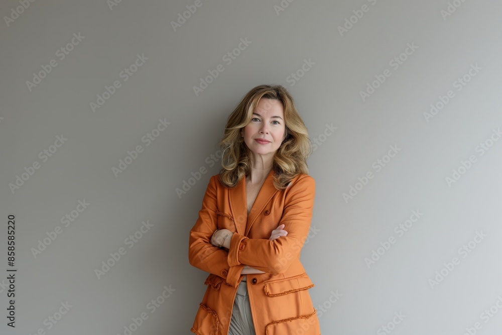 A woman with long blonde hair stands with her arms crossed in front of a gray wall, wearing a bright orange jacket. A woman with long blonde hair stands with her arms crossed in front of a gray wall, wearing a bright orange jacket.
