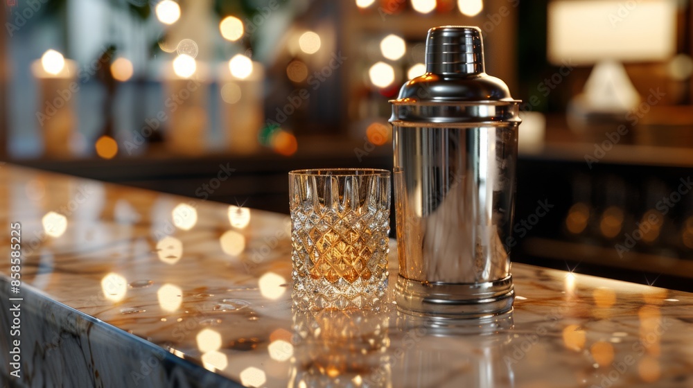 Luxurious Bar Setting with Whiskey and Shaker on Marble Countertop Luxurious Bar Setting with Whiskey and Shaker on Marble Countertop