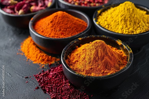 Close-up of colorful spices, including saffron, curry powder, and annatto, arranged in bowls on a black background. Generative AI