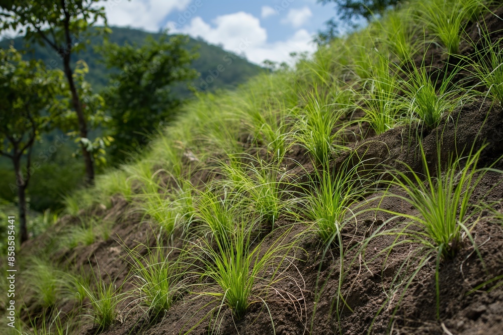 Vetiver grass planted in rows on a hillside to help prevent soil erosion. Vetiver grass planted in rows on a hillside to help prevent soil erosion.