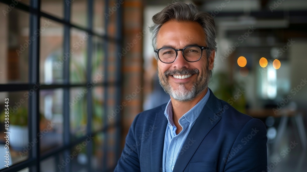 businessman grinning with satisfaction amidst the contemporary setting of a startup company's corporate office. businessman grinning with satisfaction amidst the contemporary setting of a startup company's corporate office.