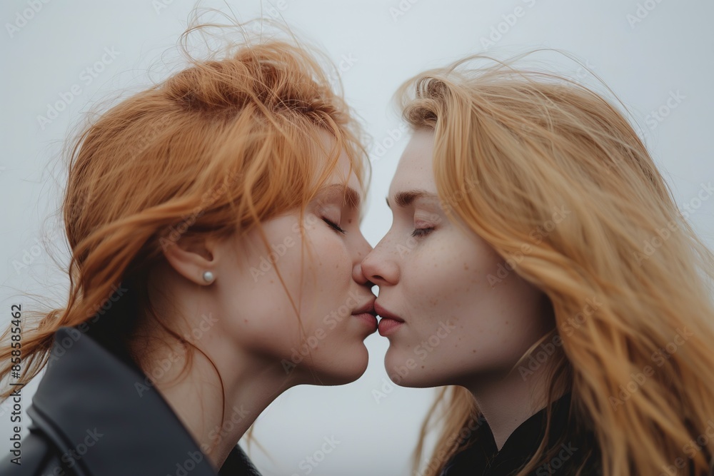 A close-up portrait of a redhead and a blonde woman kissing with their eyes closed. A close-up portrait of a redhead and a blonde woman kissing with their eyes closed.