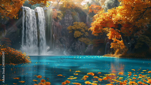 Waterfall in an autumn forest  colorful foliage  and a turquoise lake with golden flowers