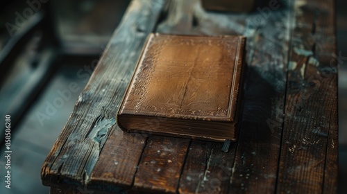 A brown book rests on a table made of wood