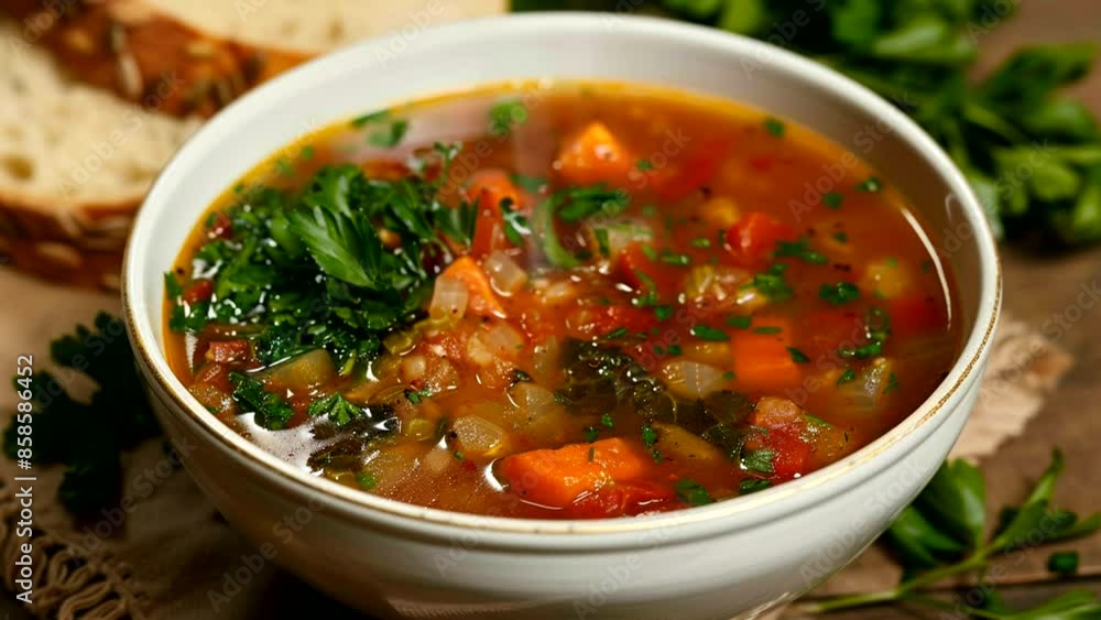 Hot vegetable soup bowl with fresh herbs. Seamless loop time-lapse video backdrop. Hot vegetable soup bowl with fresh herbs. Seamless loop time-lapse video backdrop.