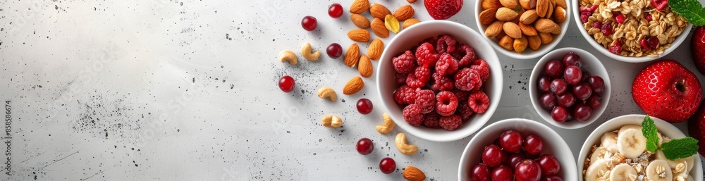 Fresh Berries and Granola in White Bowls on a Grey Surface Fresh Berries and Granola in White Bowls on a Grey Surface