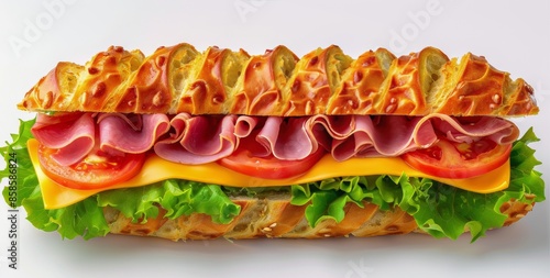 Freshly Made Ham, Tomato, and Cheese Sub Sandwich on White Background
