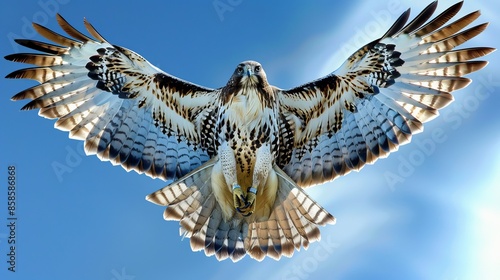 Hawk soaring in the clear blue sky, wings spread wide. Majestic bird of prey concept photo