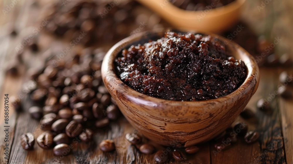 Coffee Beans Body Scrub on Wood Background Coffee Beans Body Scrub on Wood Background