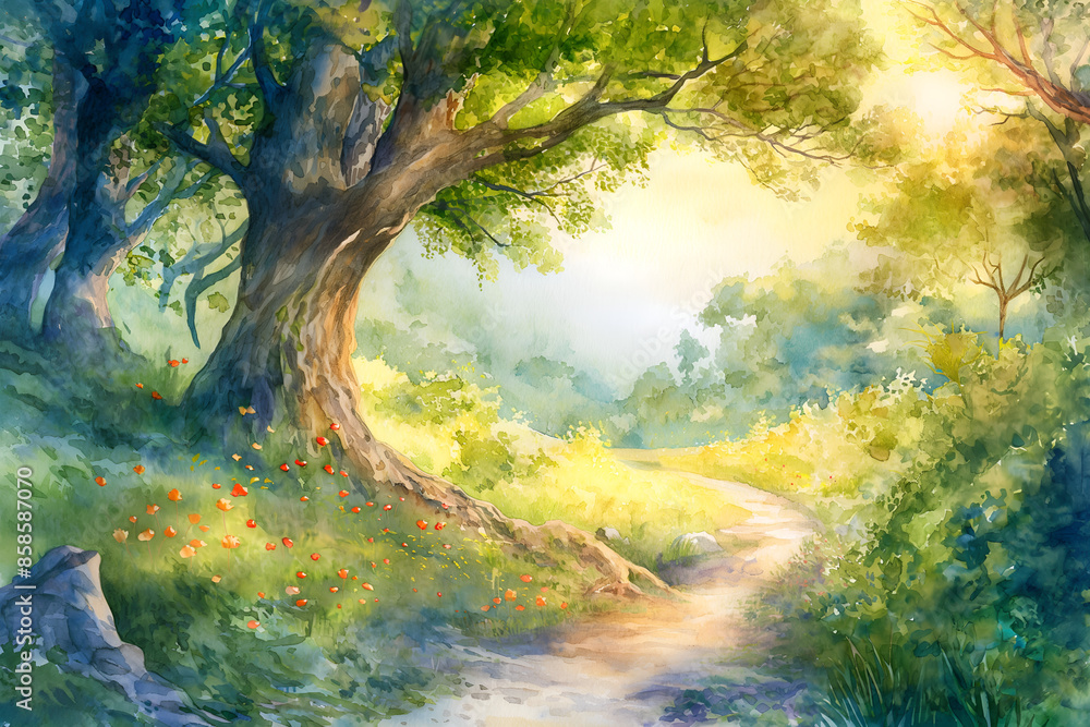 Children's image of a forest with a path in watercolor, fantasy theme, wonder and magic of childhood, suitable for children's books and fantasy illustrations Children's image of a forest with a path in watercolor, fantasy theme, wonder and magic of childhood, suitable for children's books and fantasy illustrations