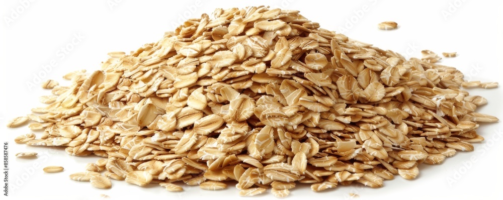 Heap of rolled oats on a white background, healthy food concept Heap of rolled oats on a white background, healthy food concept
