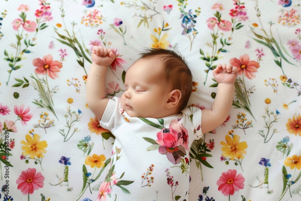adorable cute newborn baby on bed with flowers around adorable cute newborn baby on bed with flowers around