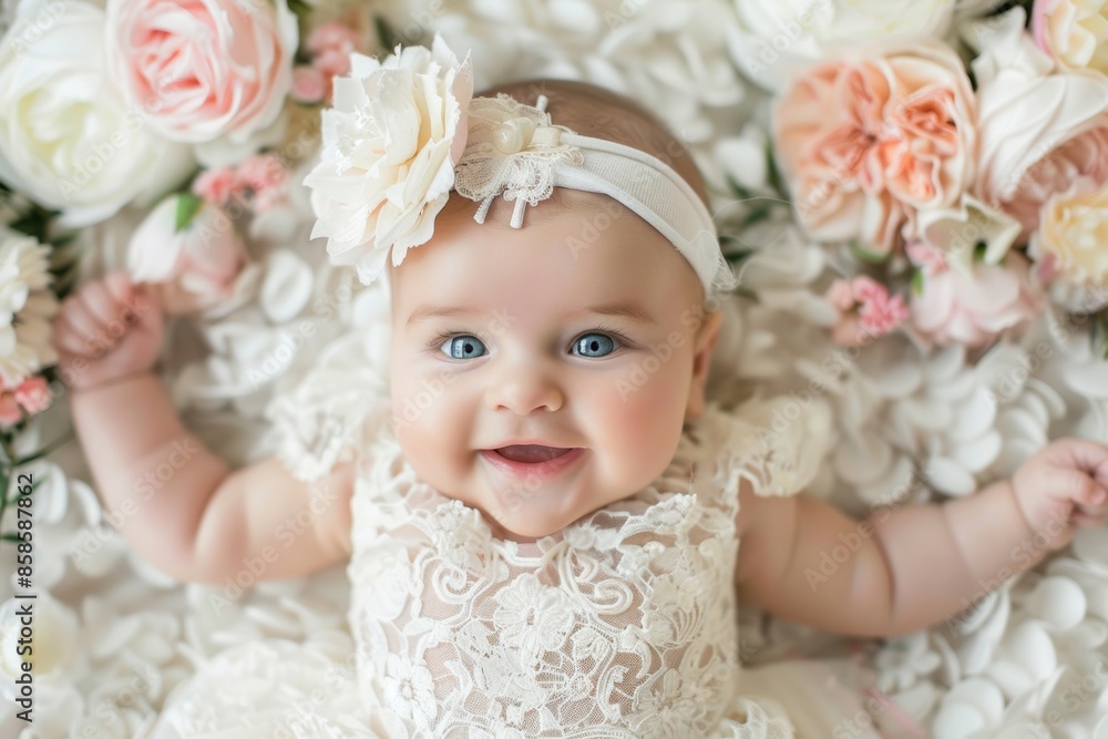 adorable cute newborn baby on bed with flowers around adorable cute newborn baby on bed with flowers around