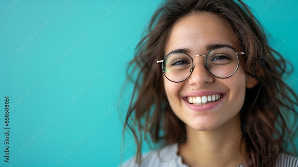 Young happy cheerful professional business woman, happy laughing female office worker wearing glasses looking away at copy space advertising job opportunities or good business services, Young happy cheerful professional business woman, happy laughing female office worker wearing glasses looking away at copy space advertising job opportunities or good business services,