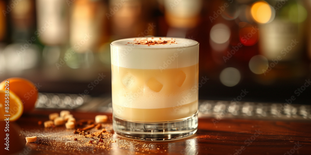 A Pisco Sour cocktail with a frothy top, garnished with a sprinkle of cinnamon, set on a bar counter with blurred background. Perfect for cocktail and bar themes. A Pisco Sour cocktail with a frothy top, garnished with a sprinkle of cinnamon, set on a bar counter with blurred background. Perfect for cocktail and bar themes.
