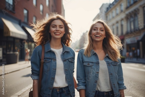 two young women smiling at the street