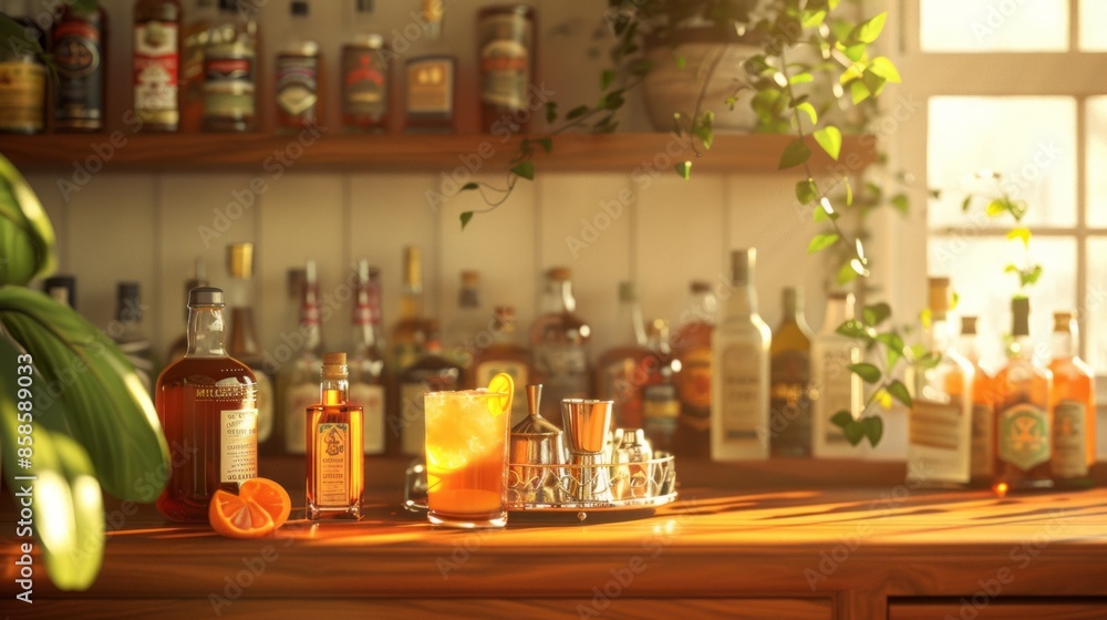 Sunlit Home Bar with a Variety of Bottles and Cocktail Sunlit Home Bar with a Variety of Bottles and Cocktail