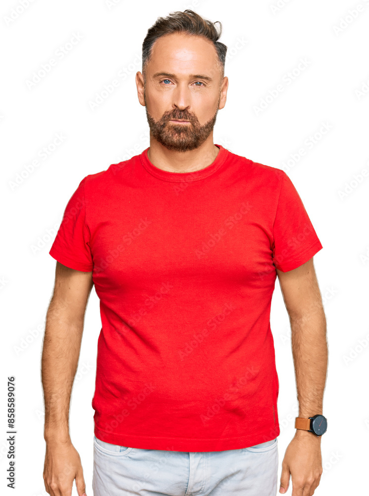 Fototapeta premium Handsome middle age man wearing casual red tshirt depressed and worry for distress, crying angry and afraid. sad expression.