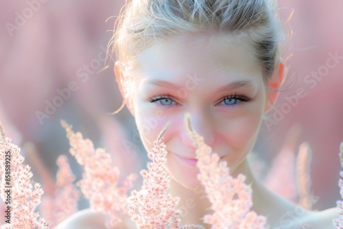 Beautiful young woman on a pink background with flowers. Romanticism and natural beauty and nativeness. photo