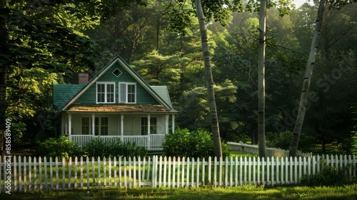 Cozy green house surrounded by lush forest in daylight, peaceful countryside home concept