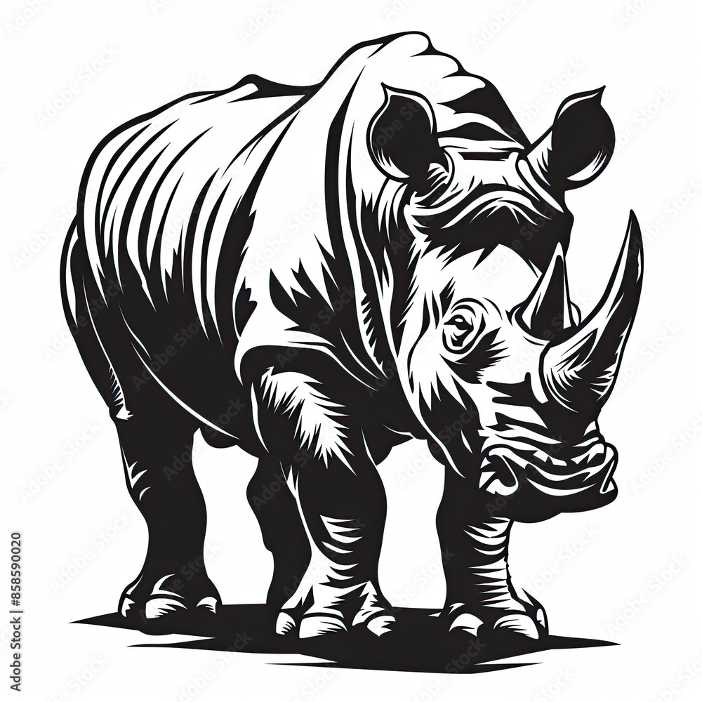 Fototapeta premium A black and white drawing of a rhinoceros on a white background