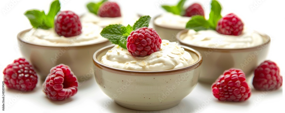 Dessert bowls with whipped cream and raspberries on white background, fresh and creamy concept Dessert bowls with whipped cream and raspberries on white background, fresh and creamy concept