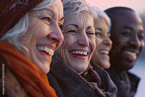 Portrait of smiling senior woman with group of friends in the background