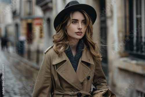 elegant Parisian woman in a trench coat shopping bags iconic Eiffel Tower in the background epitomizing sophisticated Parisian style  © aju215