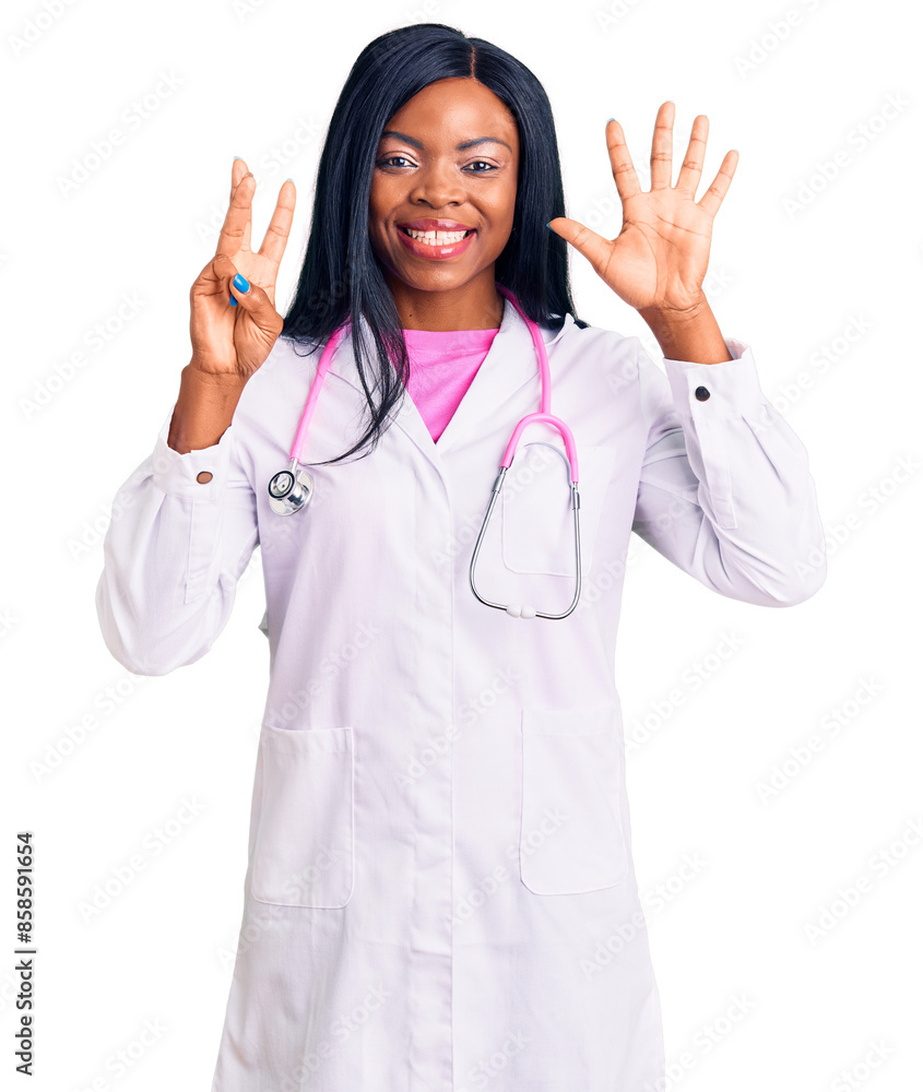 Young african american woman wearing doctor stethoscope showing and pointing up with fingers number eight while smiling confident and happy. Young african american woman wearing doctor stethoscope showing and pointing up with fingers number eight while smiling confident and happy.