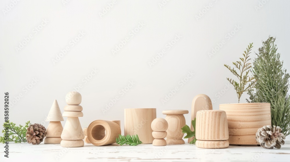 Environmentally conscious wooden toys concept for babies on white background with space for text Infant banner with panoramic view Environmentally conscious wooden toys concept for babies on white background with space for text Infant banner with panoramic view
