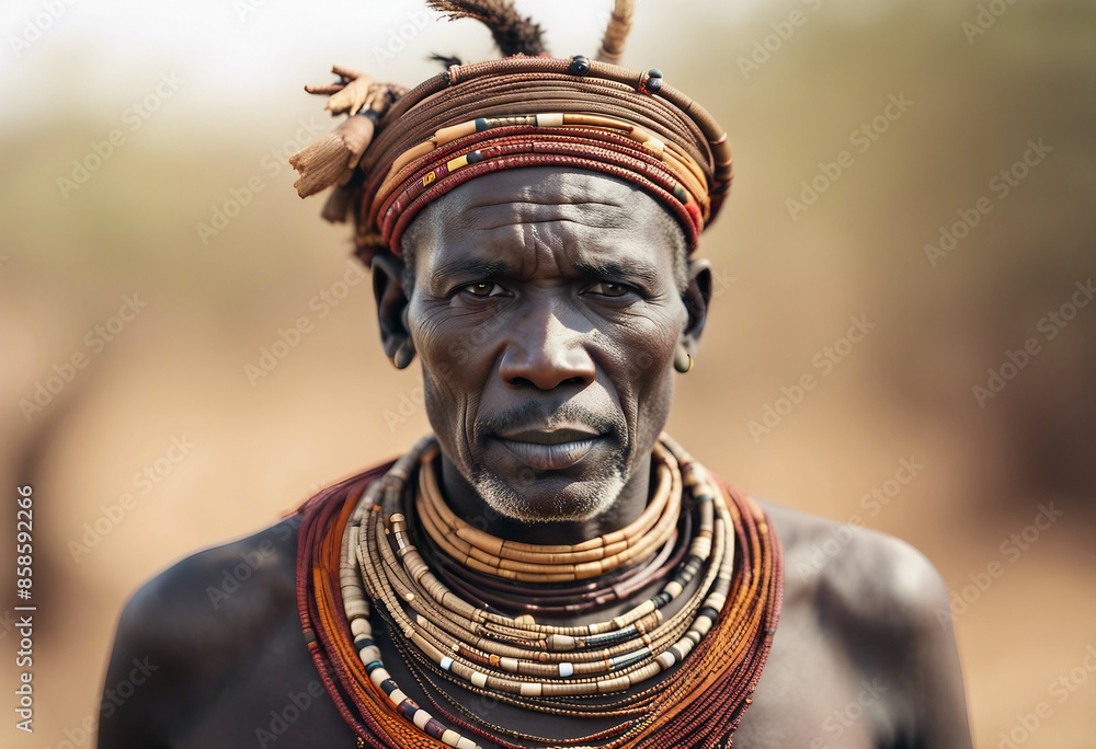 Portrait of Turkana man in traditional clothes, copy space for text Portrait of Turkana man in traditional clothes, copy space for text